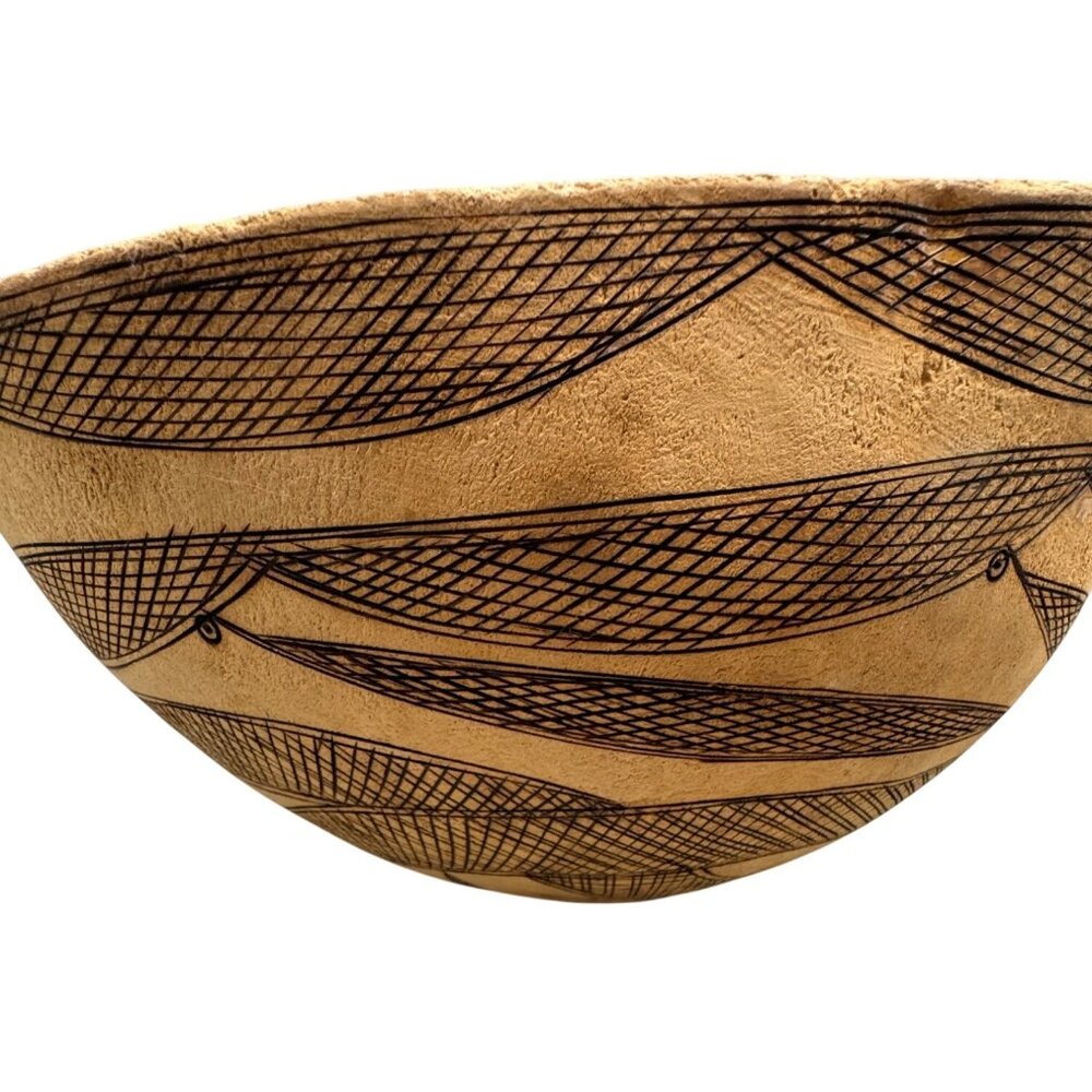 Handcrafted Gourd large Bowl With Intricate Black Geometric Designs 12x10" READ